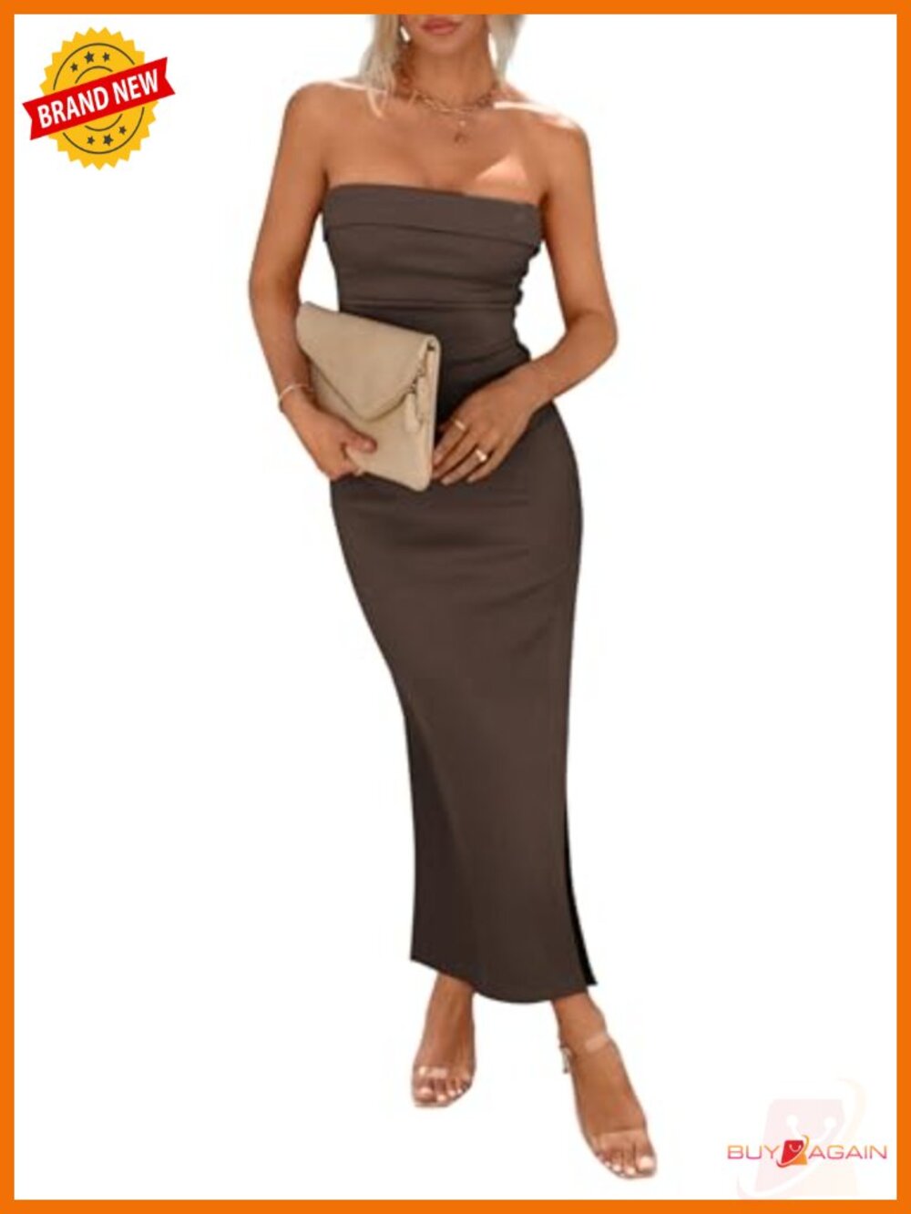 Women's Strapless Bodycon Maxi Dress Ribbed Knit Side Slit Cocktail Party